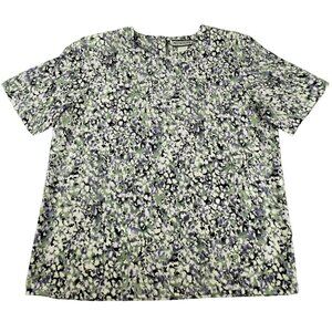Womens Floral Blouse Black Green and Purple Top Size Large Short Sleeve  JH1037